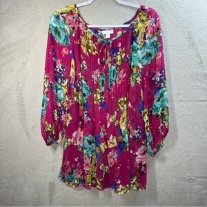 Charter Club Top 2X Floral Sheer Tunic Boho Popover Peasant Shirt Pintuck Blouse